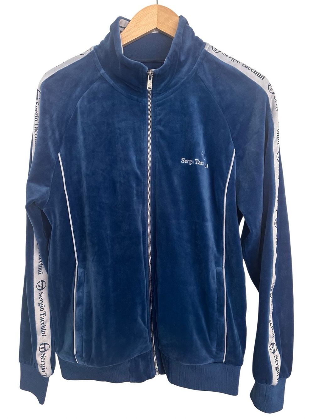Sergio Tacchini Blue Velour Zip Up Track Jacket SZ Small Luxury Athleisure EUC